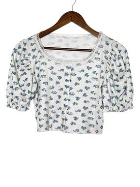 Ditsy Floral Puff Sleeve Crop Top Cottagecore Y2K Knit Tee
